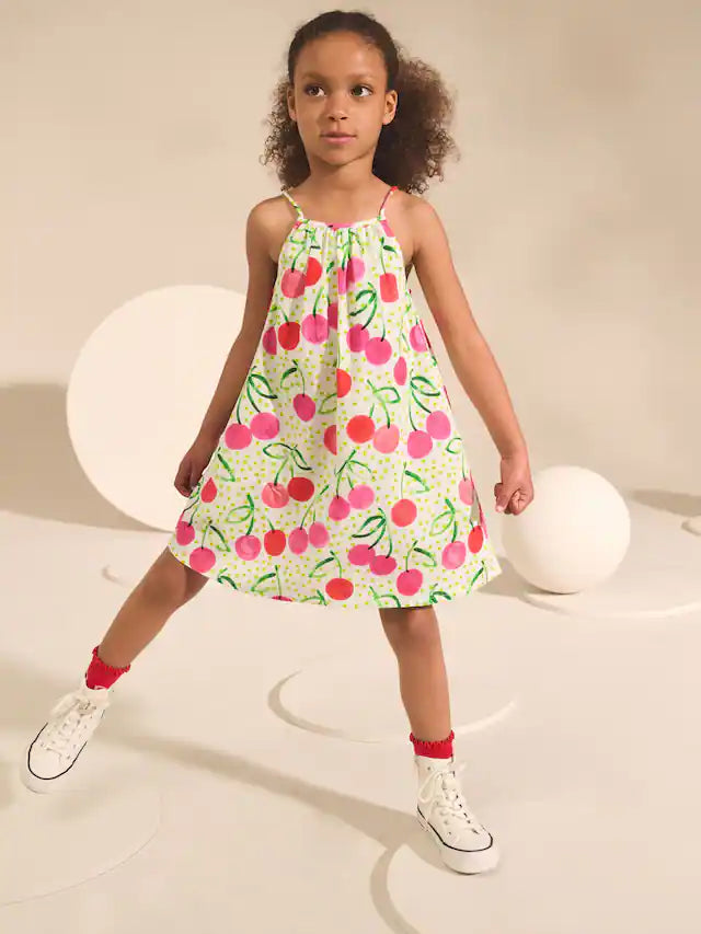 |BigGirl| Vestido De Verão 100% Algodão Com Estampa De Cereja (3-16 anos)