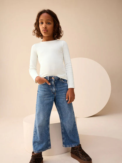 |BigGirl| Blusa Branca Canelada De Manga Comprida (3-16 anos)