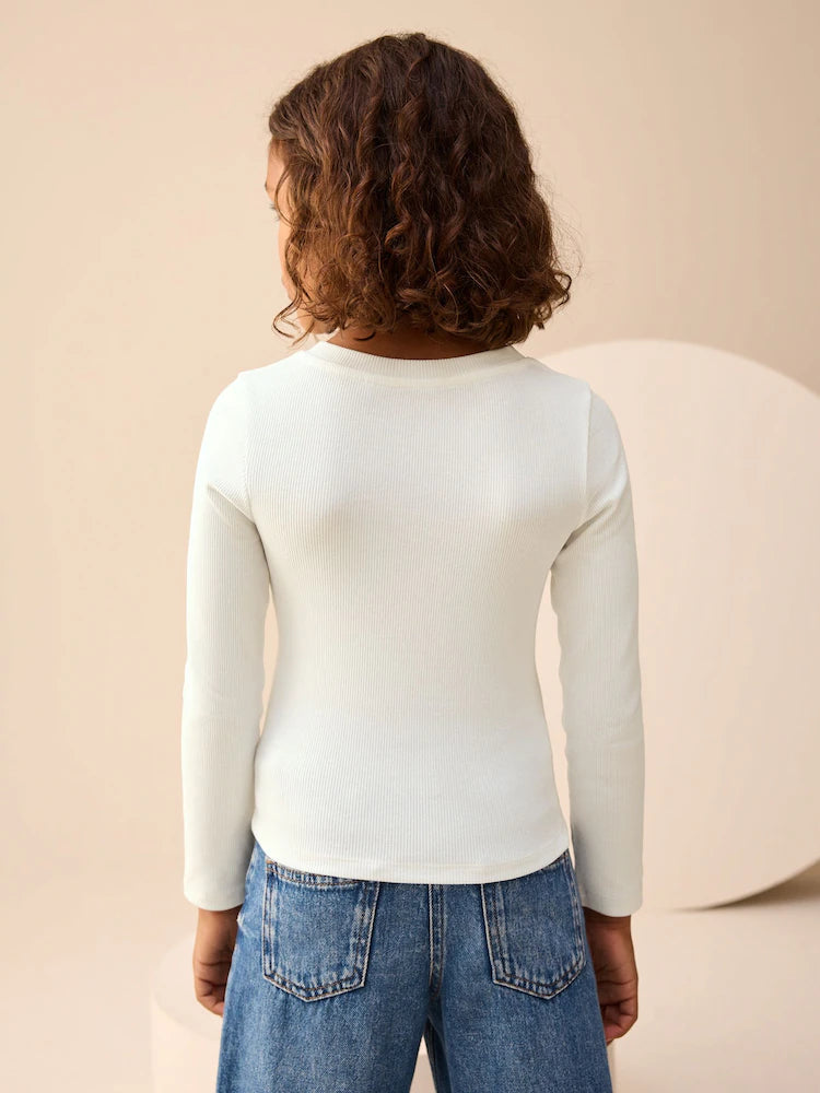 |BigGirl| Blusa Branca Canelada De Manga Comprida (3-16 anos)