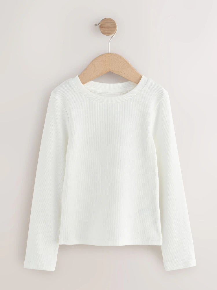 |BigGirl| Blusa Branca Canelada De Manga Comprida (3-16 anos)