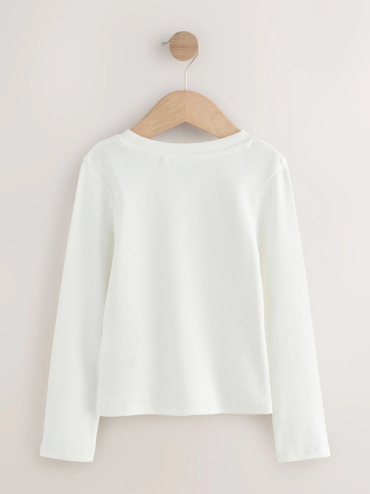 |BigGirl| Blusa Branca Canelada De Manga Comprida (3-16 anos)