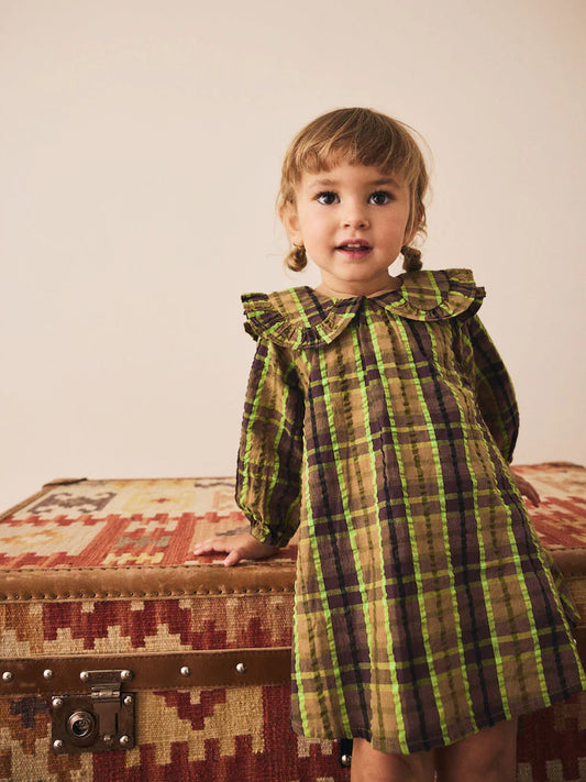 |Girl| Vestido De Manga Comprida Com Babados e Gola Xadrez Chocolate/Lima (3 meses a 8 anos)