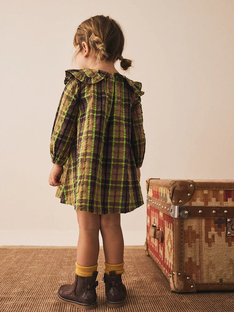 |Girl| Vestido De Manga Comprida Com Babados e Gola Xadrez Chocolate/Lima (3 meses a 8 anos)
