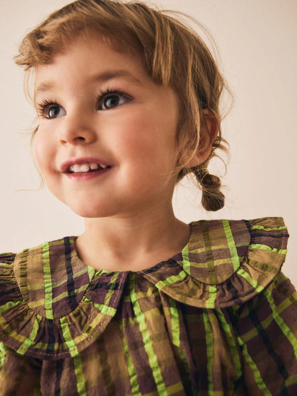 |Girl| Vestido De Manga Comprida Com Babados e Gola Xadrez Chocolate/Lima (3 meses a 8 anos)