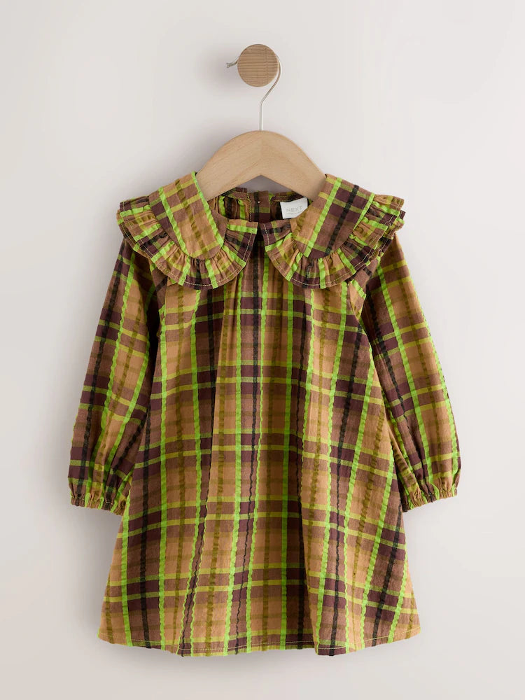 |Girl| Vestido De Manga Comprida Com Babados e Gola Xadrez Chocolate/Lima (3 meses a 8 anos)