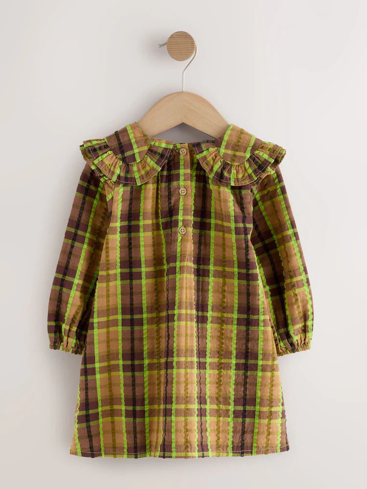 |Girl| Vestido De Manga Comprida Com Babados e Gola Xadrez Chocolate/Lima (3 meses a 8 anos)