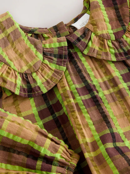 |Girl| Vestido De Manga Comprida Com Babados e Gola Xadrez Chocolate/Lima (3 meses a 8 anos)