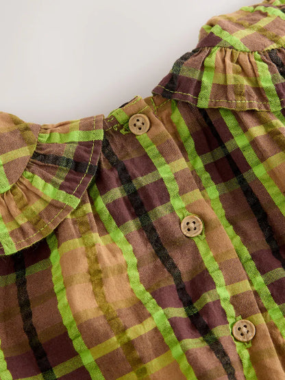 |Girl| Vestido De Manga Comprida Com Babados e Gola Xadrez Chocolate/Lima (3 meses a 8 anos)