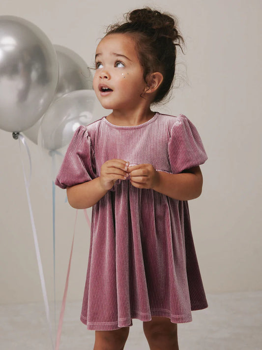 |Girl| Vestido De Festa Com Babados Em Veludo Canelado Rosa (3 meses a 8 anos)