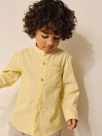 |Boy| Camisa Amarela Com Gola Padre Em Mistura De Linho (3 meses a 7 anos)