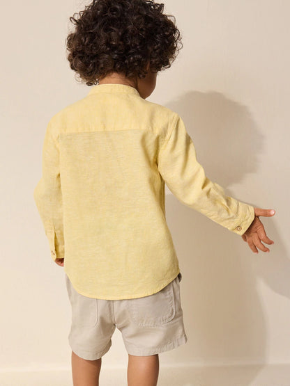 |Boy| Camisa Amarela Com Gola Padre Em Mistura De Linho (3 meses a 7 anos)