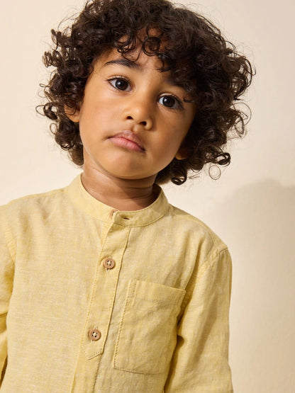 |Boy| Camisa Amarela Com Gola Padre Em Mistura De Linho (3 meses a 7 anos)