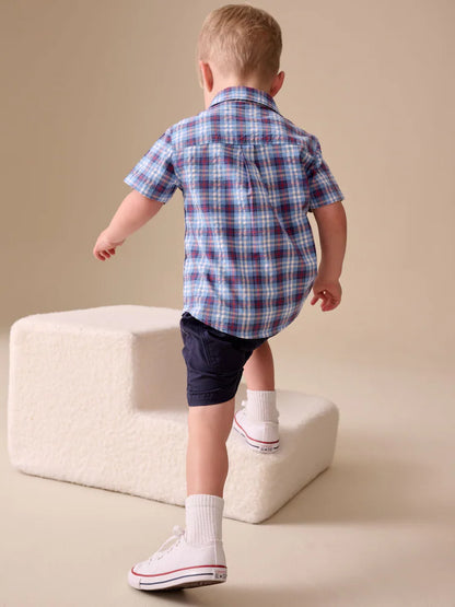 |Boy| Camisa Xadrez De Manga Curta Azul/Marinho Em Tecido Seersucker (6 meses a 7 anos)