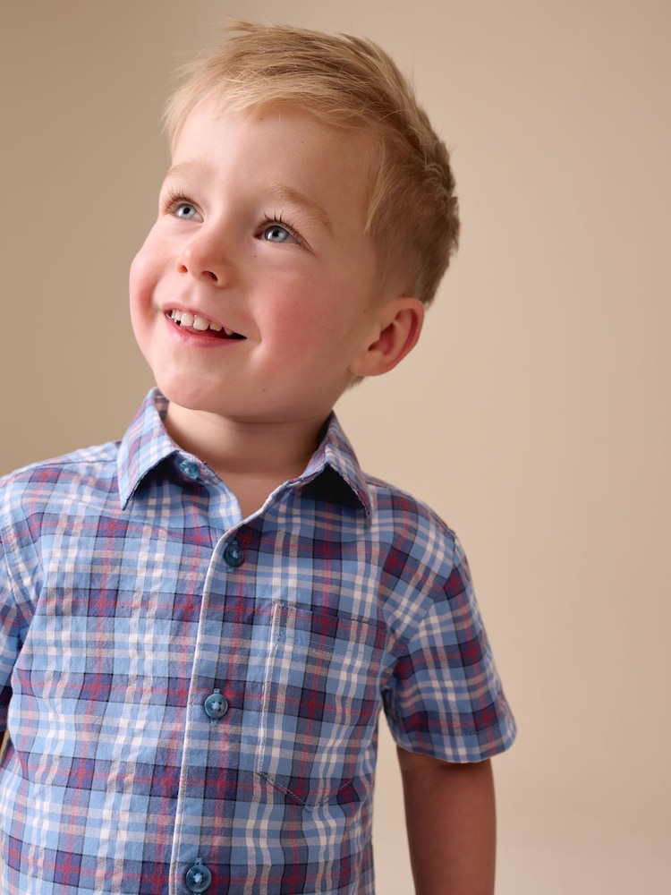 |Boy| Camisa Xadrez De Manga Curta Azul/Marinho Em Tecido Seersucker (6 meses a 7 anos)