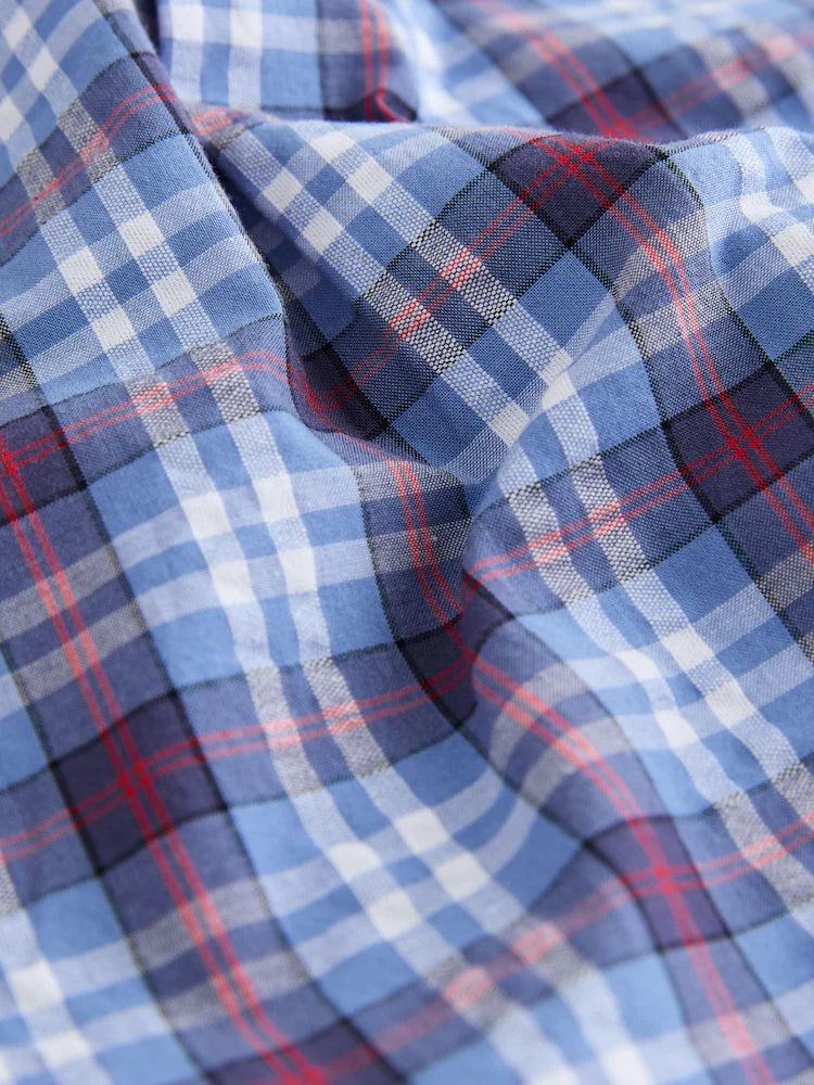 |Boy| Camisa Xadrez De Manga Curta Azul/Marinho Em Tecido Seersucker (6 meses a 7 anos)