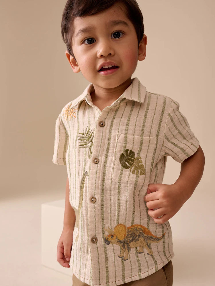 |Boy| Camisa De Manga Curta Listrada Em Tom Cru Com Estampa De Dinossauro (3 meses a 7 anos)