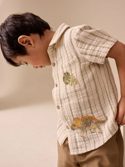 |Boy| Camisa De Manga Curta Listrada Em Tom Cru Com Estampa De Dinossauro (3 meses a 7 anos)