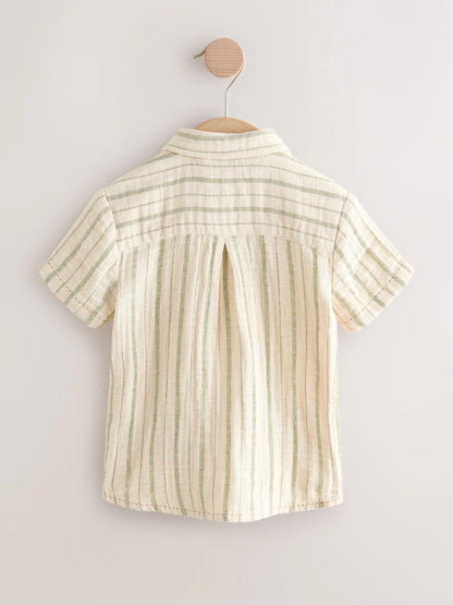 |Boy| Camisa De Manga Curta Listrada Em Tom Cru Com Estampa De Dinossauro (3 meses a 7 anos)