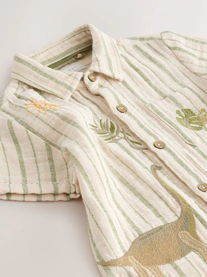 |Boy| Camisa De Manga Curta Listrada Em Tom Cru Com Estampa De Dinossauro (3 meses a 7 anos)