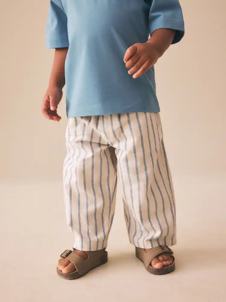 |Boy| Calças De Linho Misto Azul/Cru De Corte Amplo (3 meses a 7 anos)