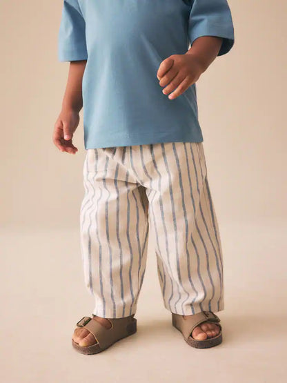 |Boy| Calças De Linho Misto Azul/Cru De Corte Amplo (3 meses a 7 anos)