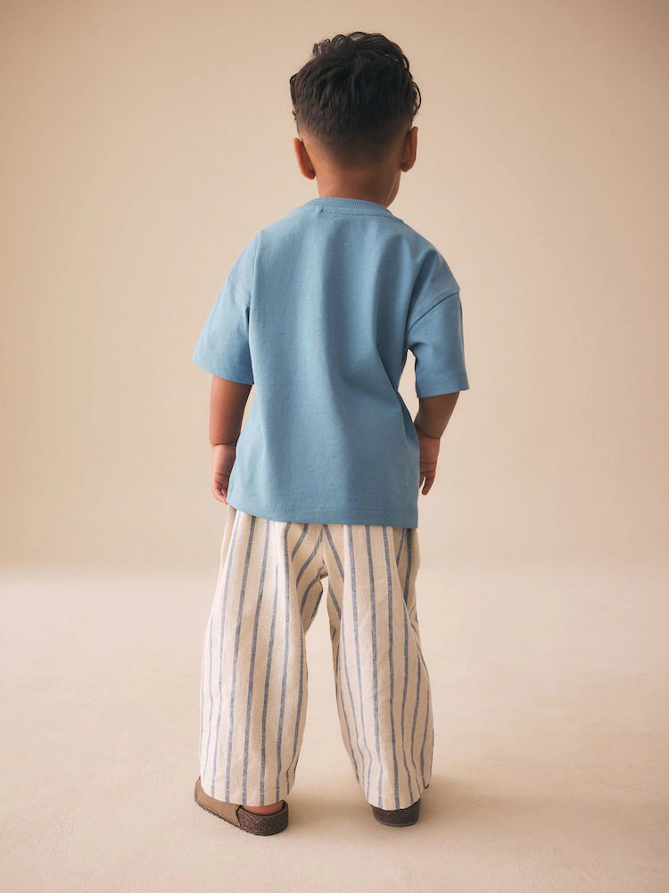 |Boy| Calças De Linho Misto Azul/Cru De Corte Amplo (3 meses a 7 anos)