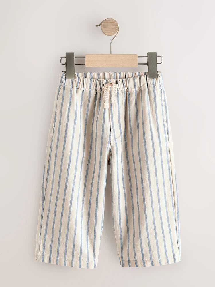 |Boy| Calças De Linho Misto Azul/Cru De Corte Amplo (3 meses a 7 anos)