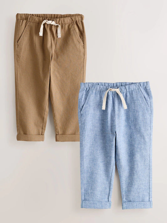 |Boy| Conjunto De 2 Calças De Linho Misto Azul/Marrom (3 meses a 7 anos)