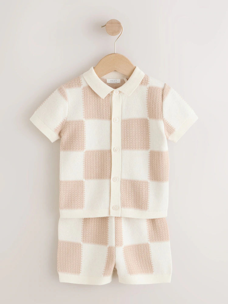 |Boy| Conjunto De Camisa Polo e Shorts De Malha Xadrez Neutro (3 meses a 10 anos)