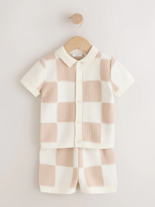 |Boy| Conjunto De Camisa Polo e Shorts De Malha Xadrez Neutro (3 meses a 10 anos)