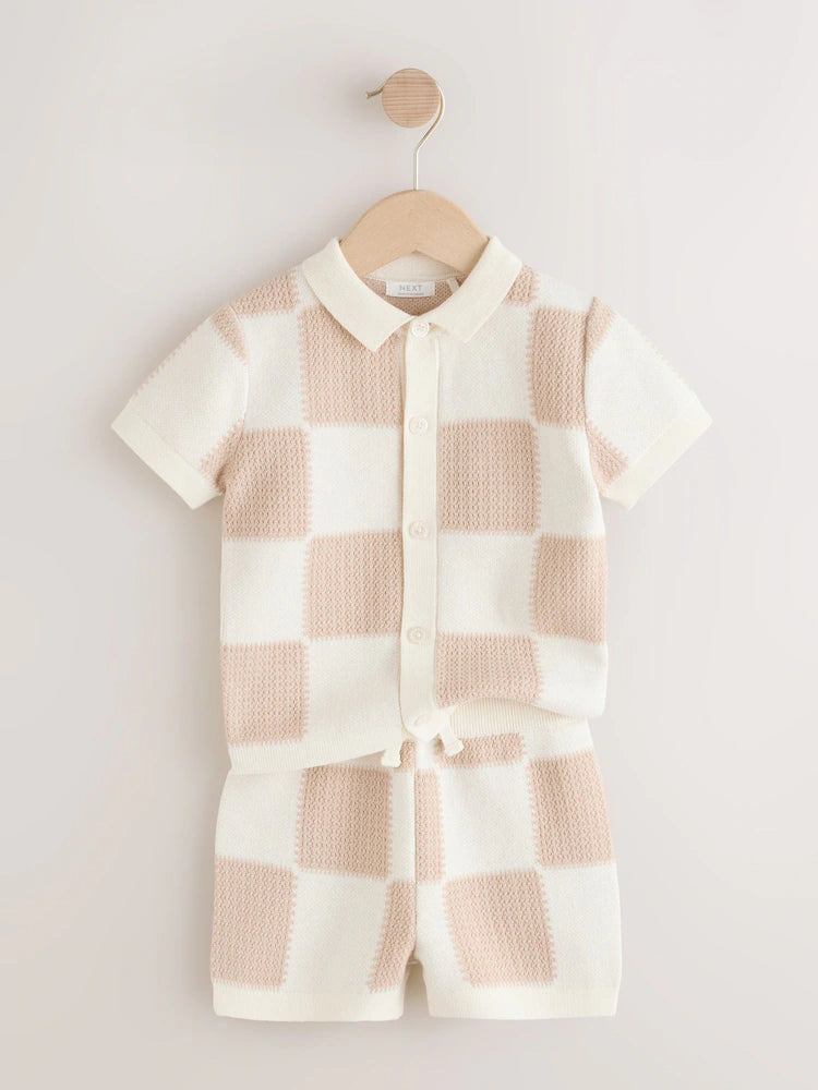 |Boy| Conjunto De Camisa Polo e Shorts De Malha Xadrez Neutro (3 meses a 10 anos)