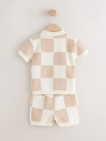 |Boy| Conjunto De Camisa Polo e Shorts De Malha Xadrez Neutro (3 meses a 10 anos)