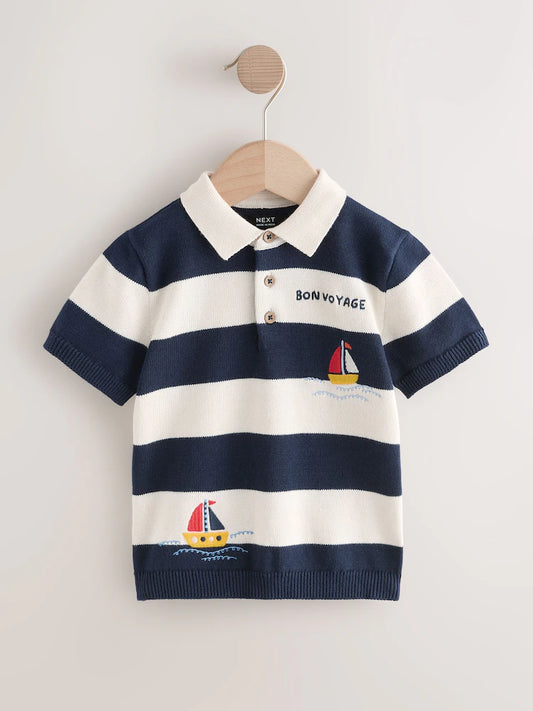 |Boy| Camisa Polo De Malha Azul Marinho Com Estampa De Barco e Botões No Pescoço (3 meses a 7 anos)