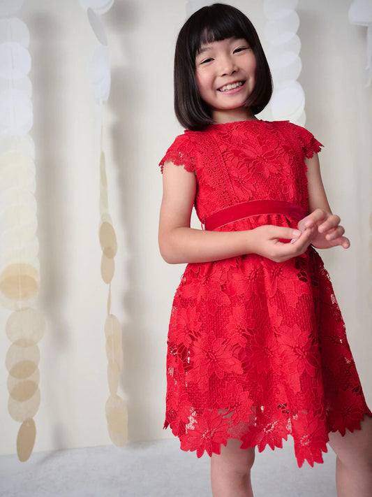 |BigGirl| Vestido De Renda Vermelha Para Ocasiões Especiais (3-16 anos)