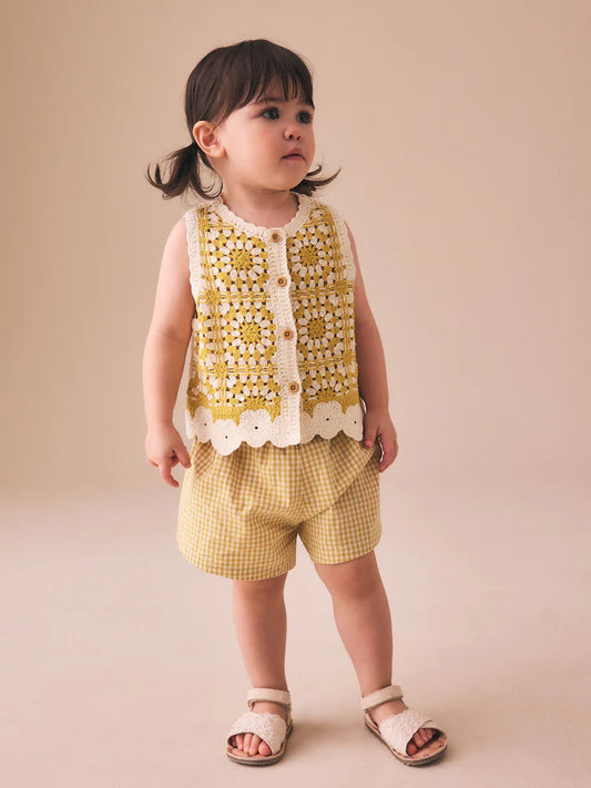 |Girl| Conjunto De Top e Shorts De Crochê Amarelo Ocre (12 meses a 7 anos)