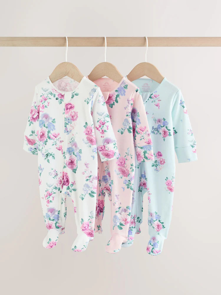 |BabyGirl| Conjunto De 3 Macacões De Dormir Rosa Com Zíper Duplo Para Bebês (0-2 anos)