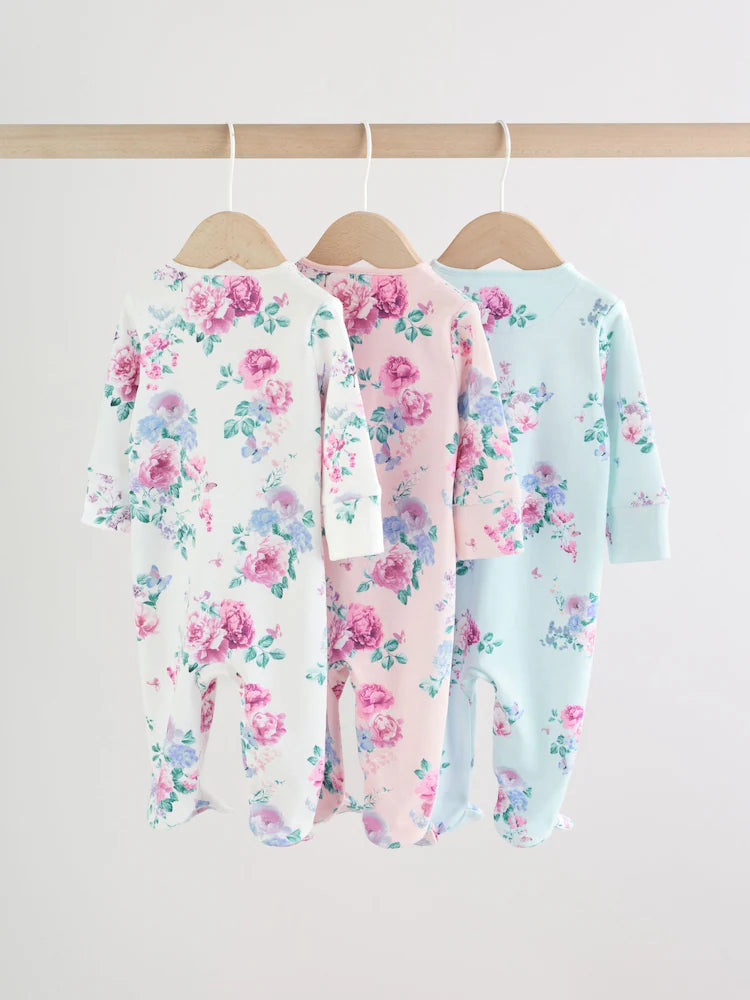 |BabyGirl| Conjunto De 3 Macacões De Dormir Rosa Com Zíper Duplo Para Bebês (0-2 anos)