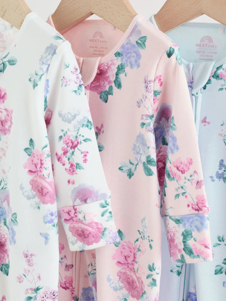 |BabyGirl| Conjunto De 3 Macacões De Dormir Rosa Com Zíper Duplo Para Bebês (0-2 anos)