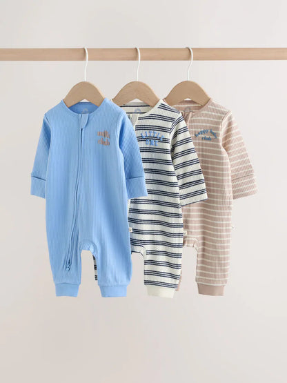 |BabyBoy| Conjunto De 3 Macacões De Dormir Para Bebês Com Zíper Duplo e Listras Azuis (0 meses a 3 anos)