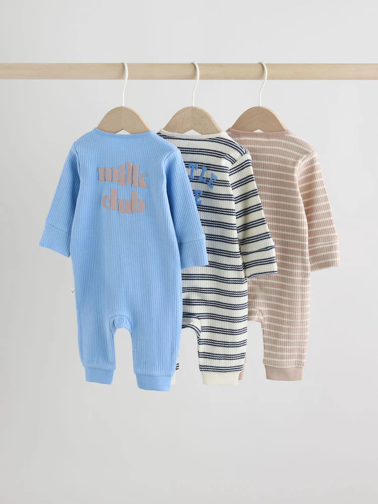 |BabyBoy| Conjunto De 3 Macacões De Dormir Para Bebês Com Zíper Duplo e Listras Azuis (0 meses a 3 anos)