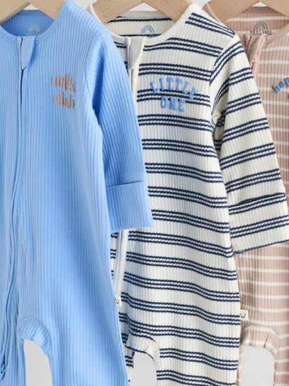 |BabyBoy| Conjunto De 3 Macacões De Dormir Para Bebês Com Zíper Duplo e Listras Azuis (0 meses a 3 anos)