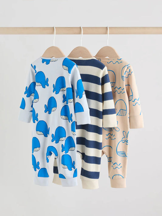|BabyBoy| Conjunto de 3 macacões para bebês com zíper duplo Baleia Azul (0 meses a 3 anos)