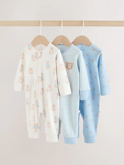 |BabyBoy| Conjunto De 3 Macacões Para Bebês Blue Bear Com Zíper Duplo (0 meses a 3 anos)