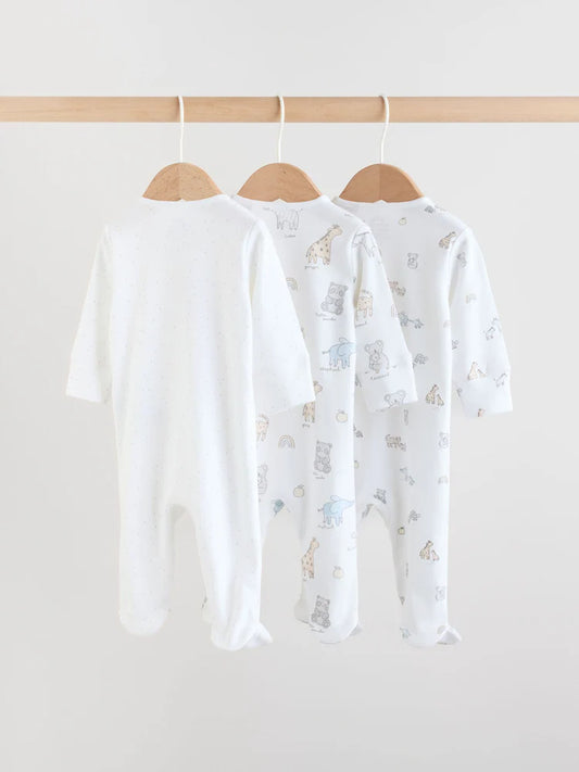 |BabyBoy| Conjunto De 3 Macacões Brancos Com Estampa De Safari Para Bebês (0-2 anos)