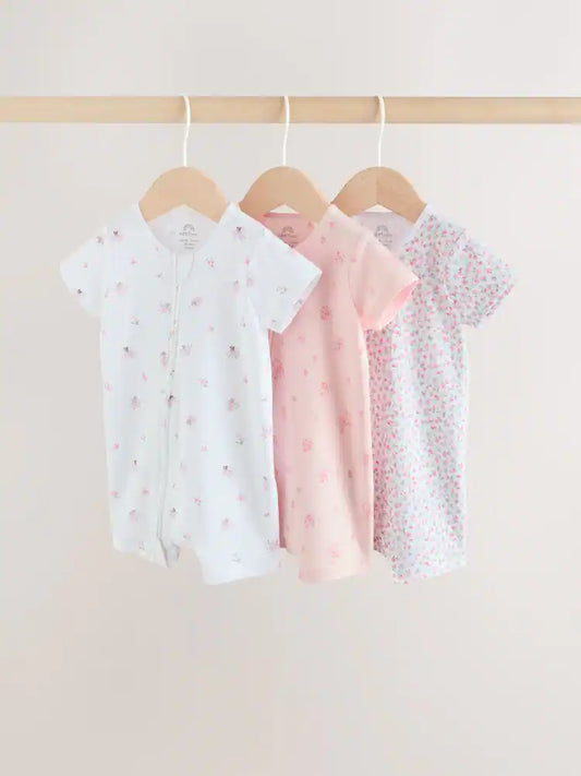 |BabyGirl| Conjunto De 3 Macacões Rosa Com Zíper Duplo Para Bebês (0 meses a 3 anos)
