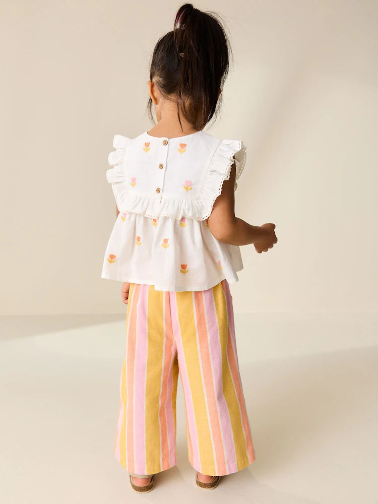 |Girl| Conjunto Coordenado De Blusa e Calça Bordadas Em Tons De Pêssego e Rosa (3 meses a 8 anos)