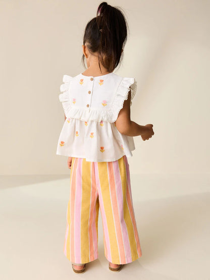 |Girl| Conjunto Coordenado De Blusa e Calça Bordadas Em Tons De Pêssego e Rosa (3 meses a 8 anos)