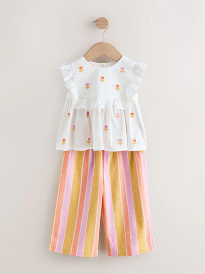 |Girl| Conjunto Coordenado De Blusa e Calça Bordadas Em Tons De Pêssego e Rosa (3 meses a 8 anos)