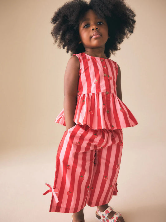 |Girl| Conjunto Coordenado De Blusa e Calça Listradas Em Vermelho e Rosa (3 meses a 8 anos)