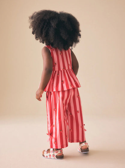 |Girl| Conjunto Coordenado De Blusa e Calça Listradas Em Vermelho e Rosa (3 meses a 8 anos)